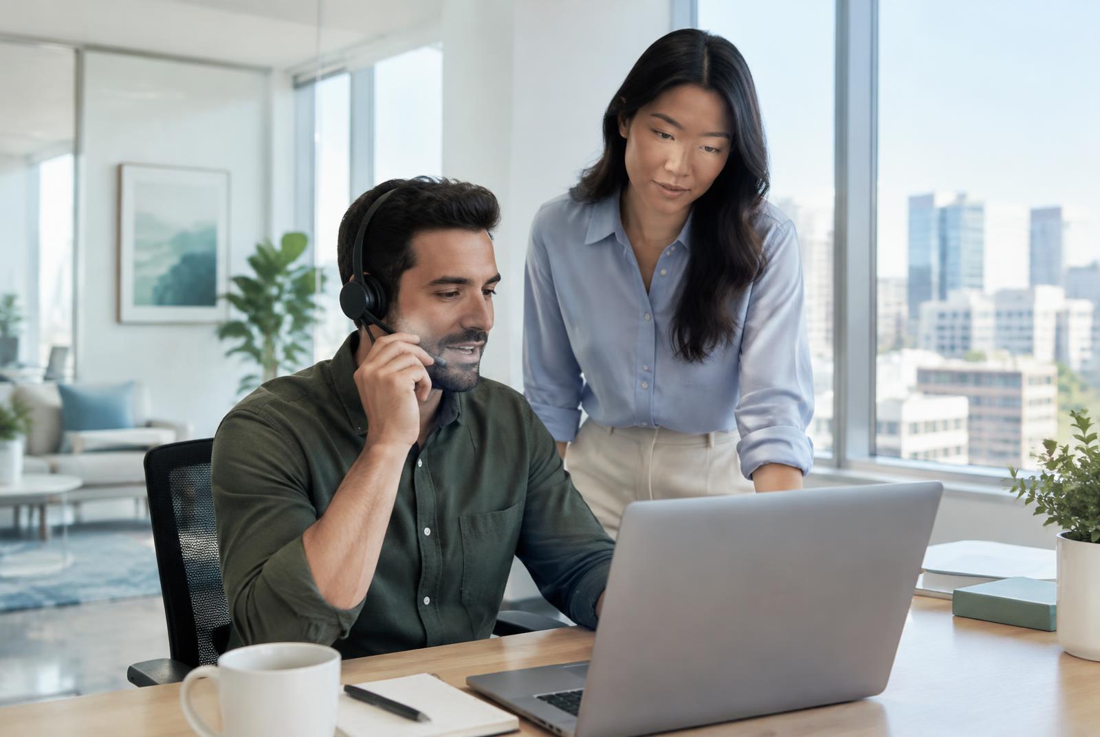 Two sales teammates coordinating a live prospect handoff
